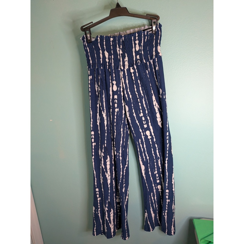 Derek Heart Blue White Tie Dye Smocked Waist Wide Leg Flowy Pants Womens Small